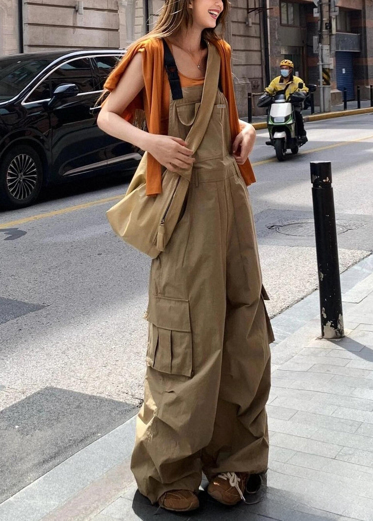 Khaki Pockets High Waist Cotton Jumpsuits Sleeveless