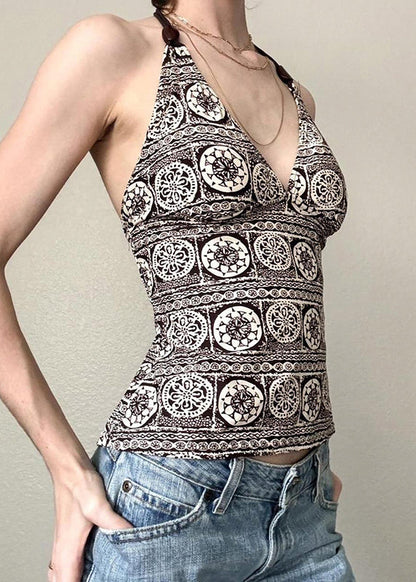 V Neck Print Backless Lace Up Cotton Tank Sleeveless