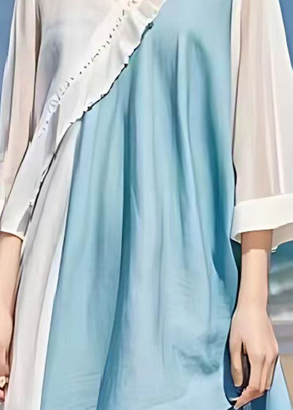Modern Light Blue V Neck Patchwork Linen a Line Dress Summer