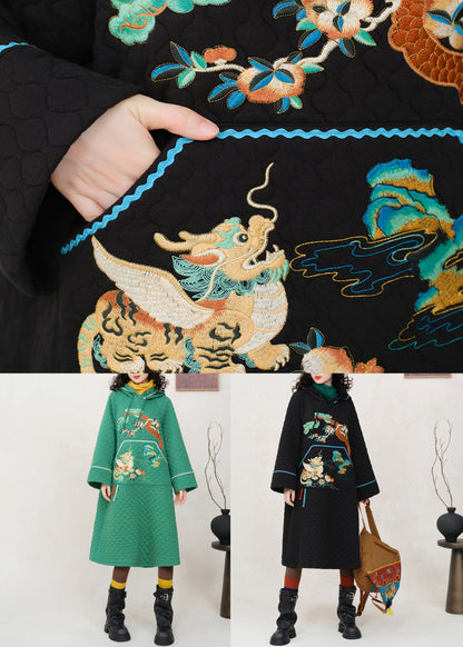 Loose Black Hooded Embroidered Pockets Cotton Filled Dress Spring