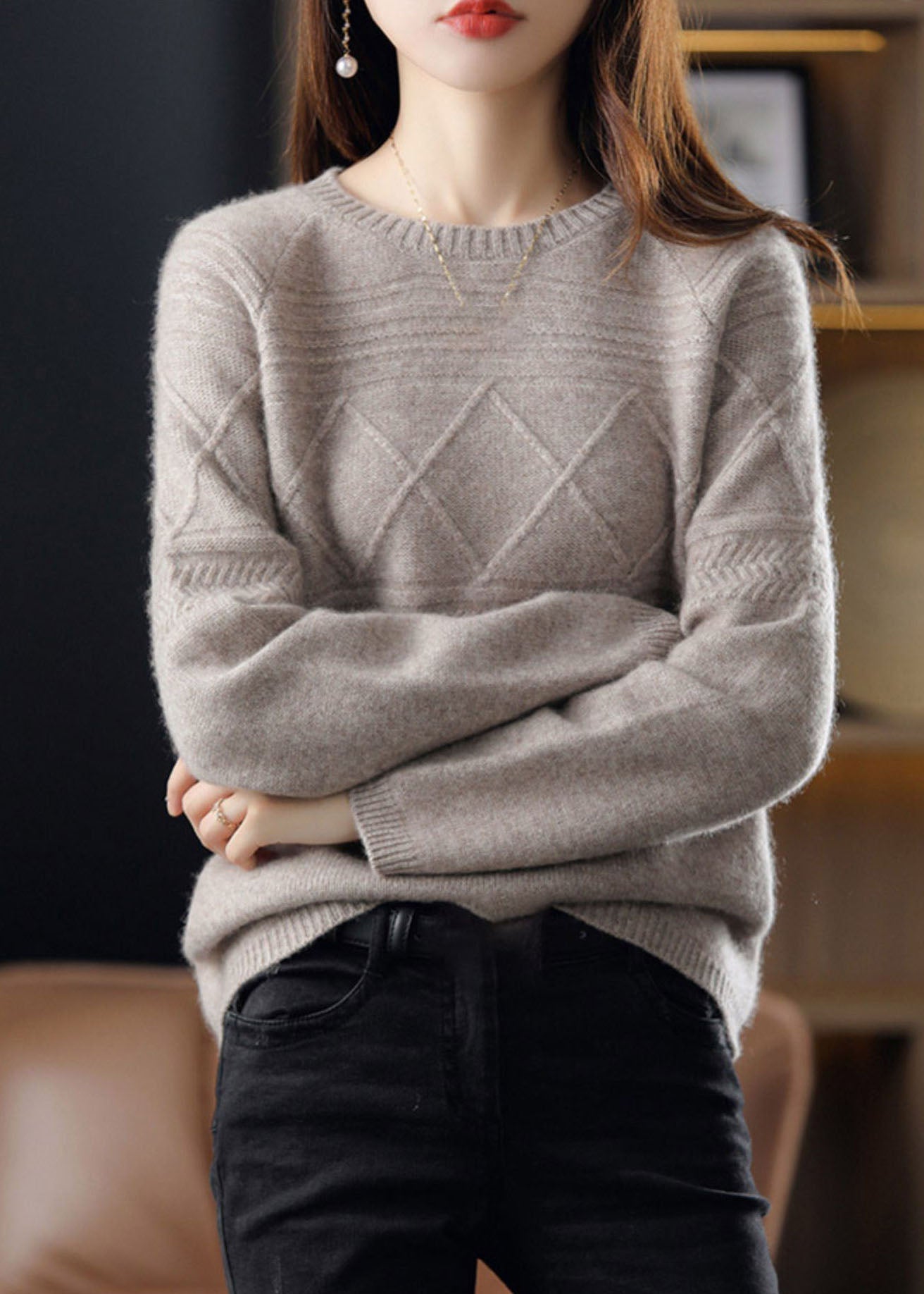 Beige O-neck Oversized Cashmere Sweaters Winter