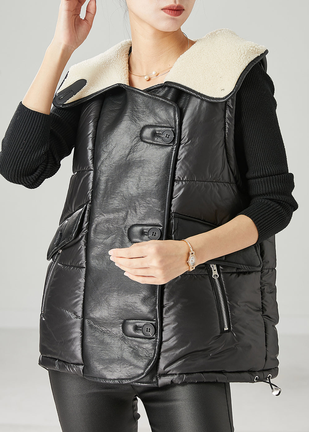 Black Oversized Patchwork Faux Leather Fine Cotton Filled Vests Spring