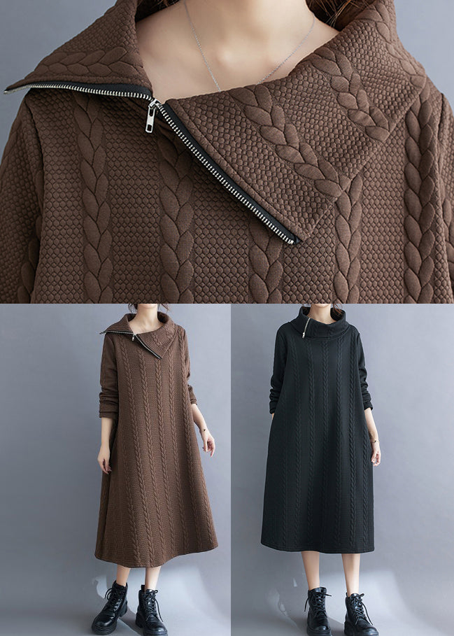Coffee Cotton Long Dresses Asymmetrical Hign Neck Fall