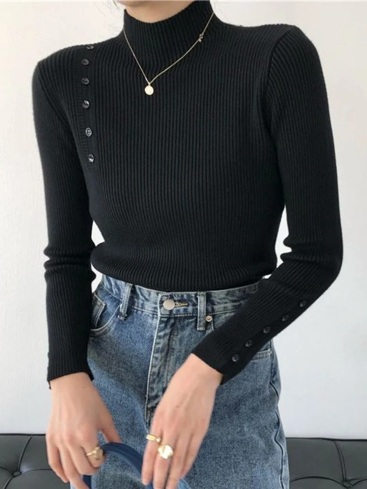 JO | MW - Elegant sweater with decorative buttons and stand-up collar