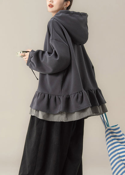 Dark Grey False Two Pieces Patchwork Hooded Cotton Sweatshirts Spring
