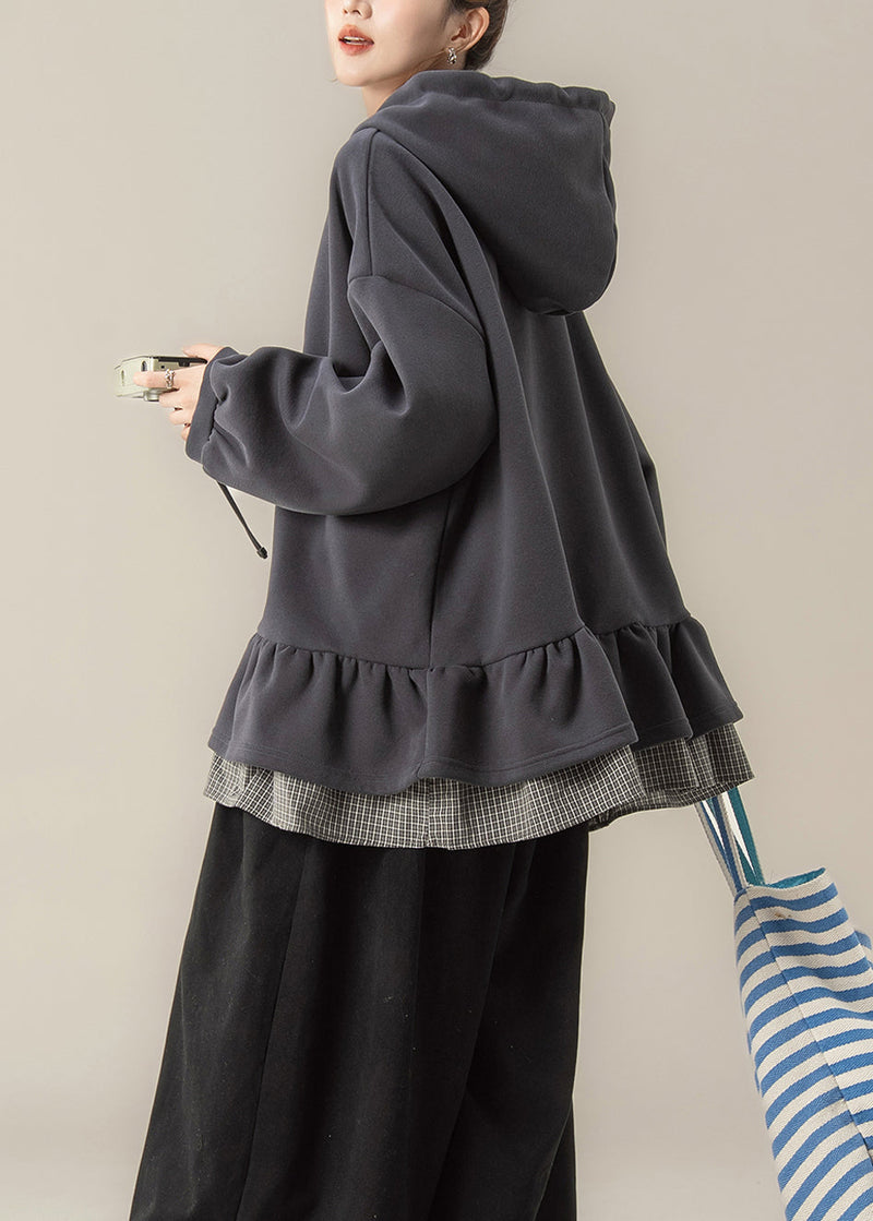 Dark Grey False Two Pieces Patchwork Hooded Cotton Sweatshirts Spring