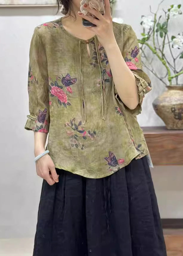 Pink Print Button Linen T Shirts Half Sleeve