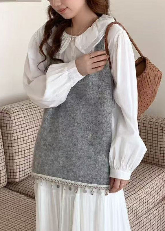 Blue Tasseled Bow Knitted Tops Spring