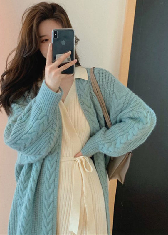 Blue V Neck Cozy Long Knit Cardigan Spring