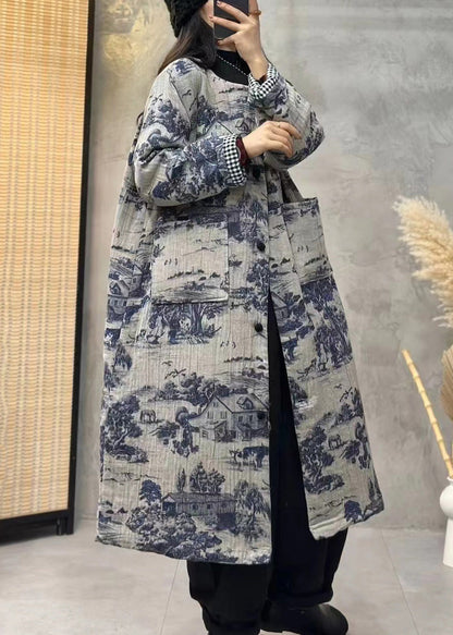 Blue Print Pockets Cotton Filled Long Trench Coat Long Sleeve