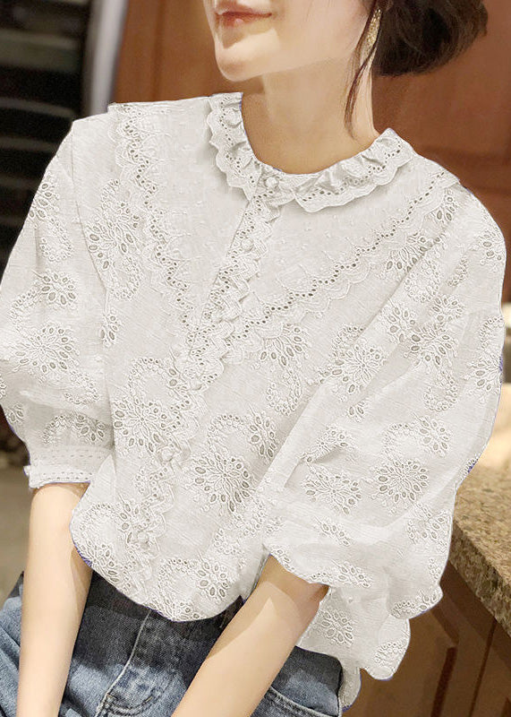 Handmade White O-neck Button Lace Shirt Half Sleeve