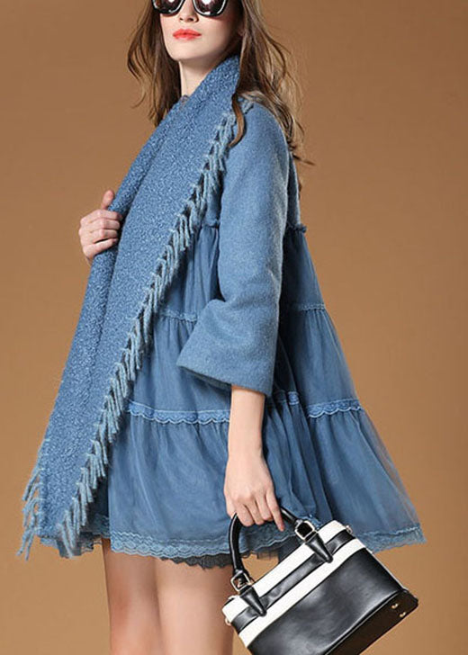 Blue Tulle Patchwork Tasseled Fall Woolen Coat