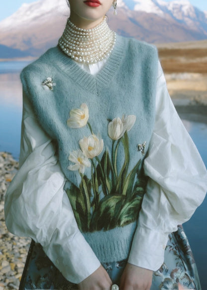 Blue V Neck Embroidered Knit Vest Sleeveless