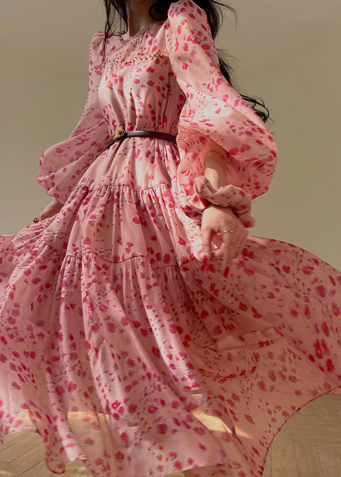 Pink O-neck Print Silk Long Dresses Spring