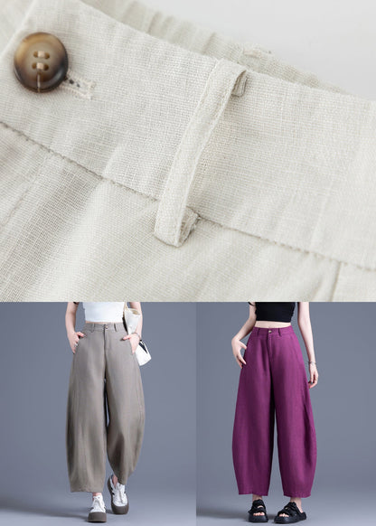 Beige Zippered Elastic Waist Linen Wide Leg Pants