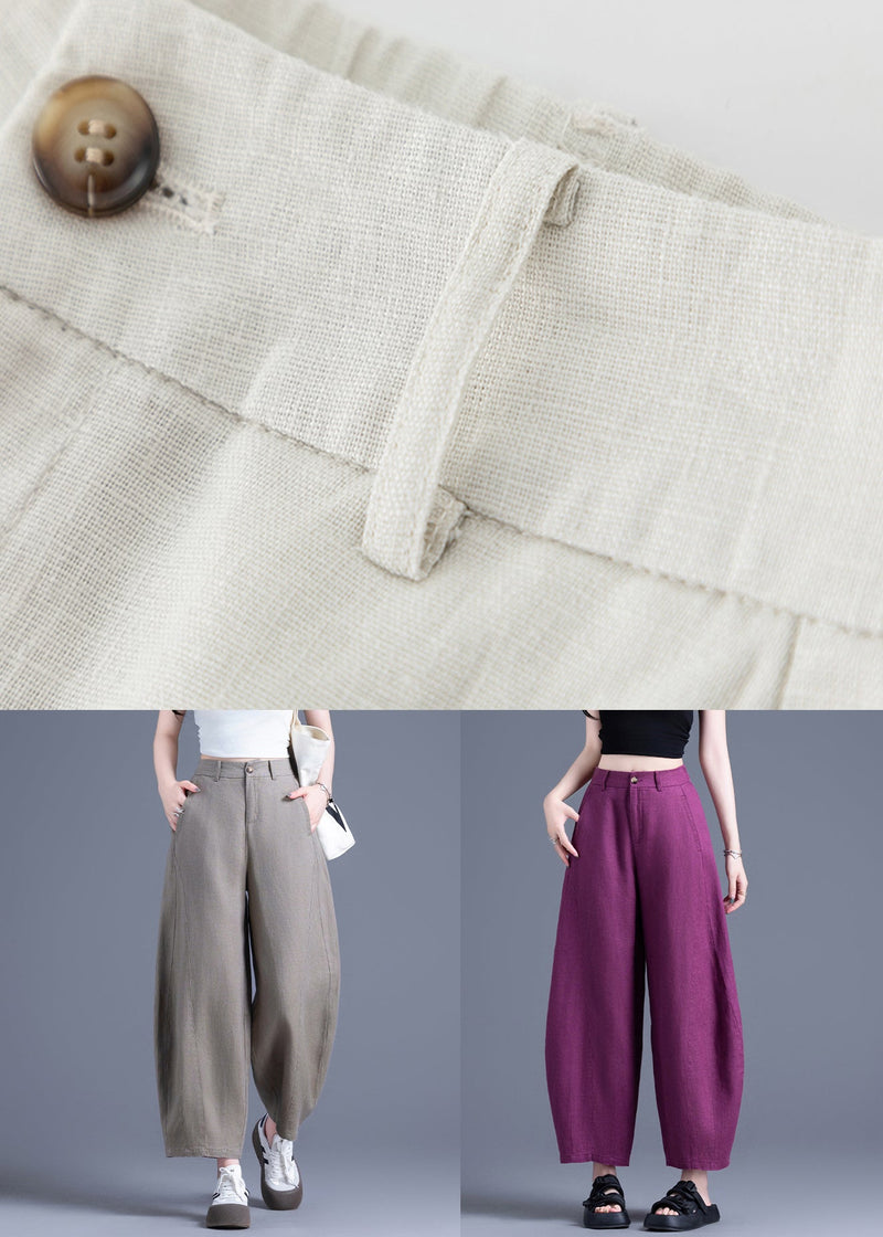 Beige Zippered Elastic Waist Linen Wide Leg Pants