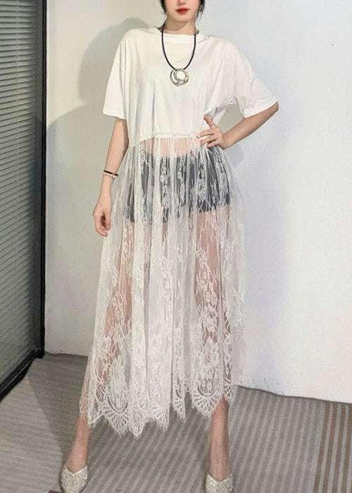 Black Hollow Out Lace Patchwork T Shirt Dress Summer
