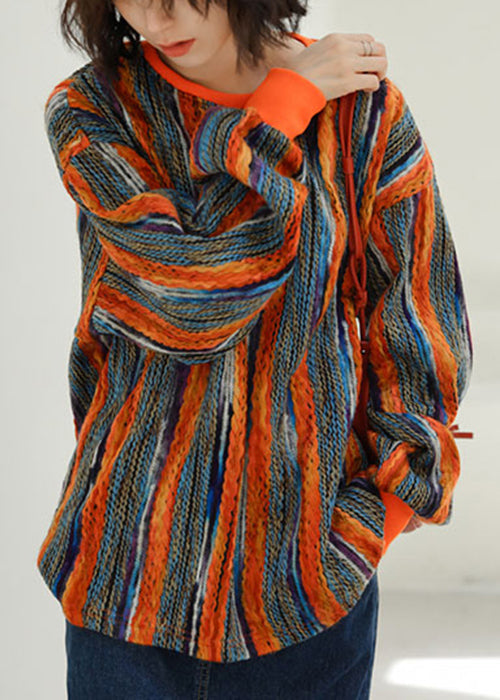 Striped O Neck Patchwork Knitted Cotton Thread Tops Long Sleeve