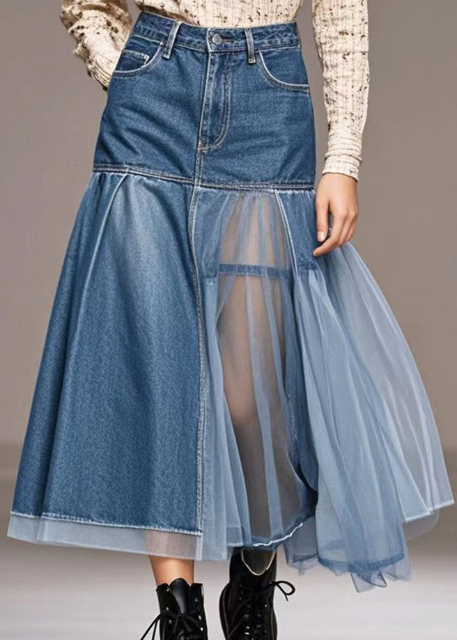 Blue Silm Fit Tulle Patchwork Denim Skirt Spring