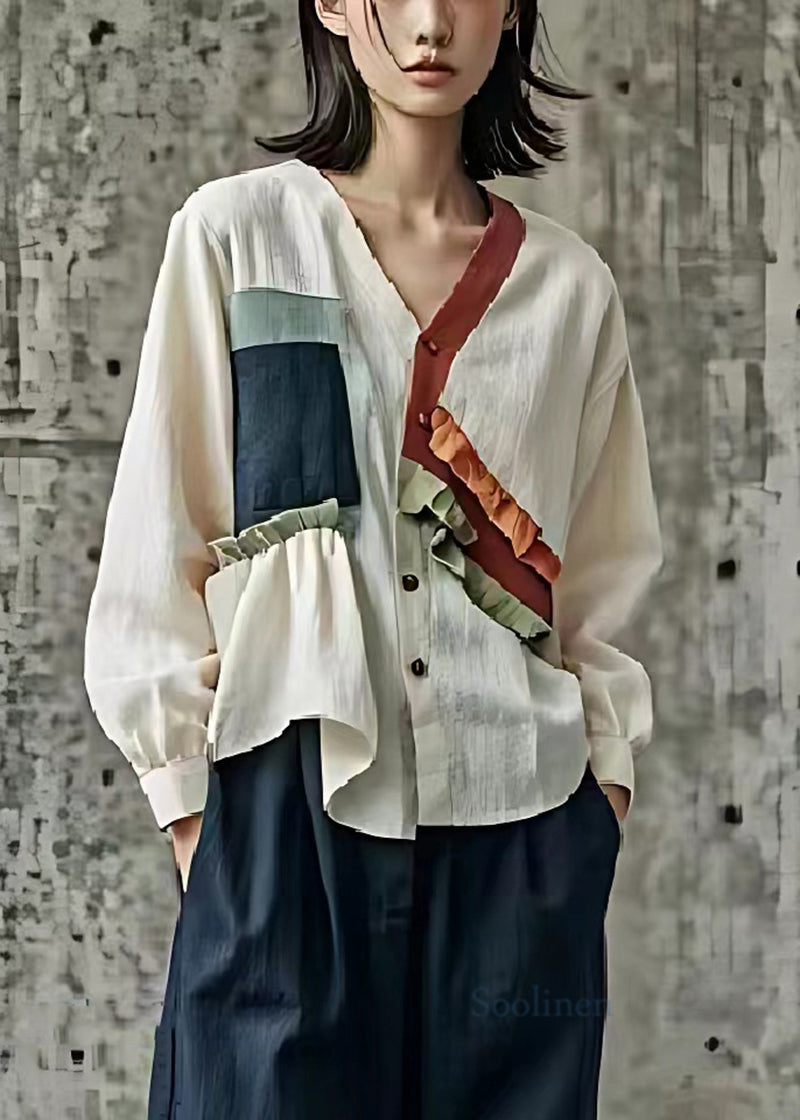 Organic White Ruffled Patchwork Linen Shirt Top Spring