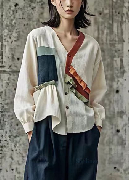 Organic White Ruffled Patchwork Linen Shirt Top Spring
