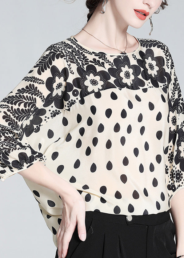 Apricot O-neck Print Silk Shirts Long Sleeve