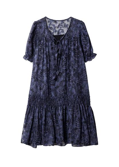 Navy V Neck Print Patchwork Chiffon Dress Summer