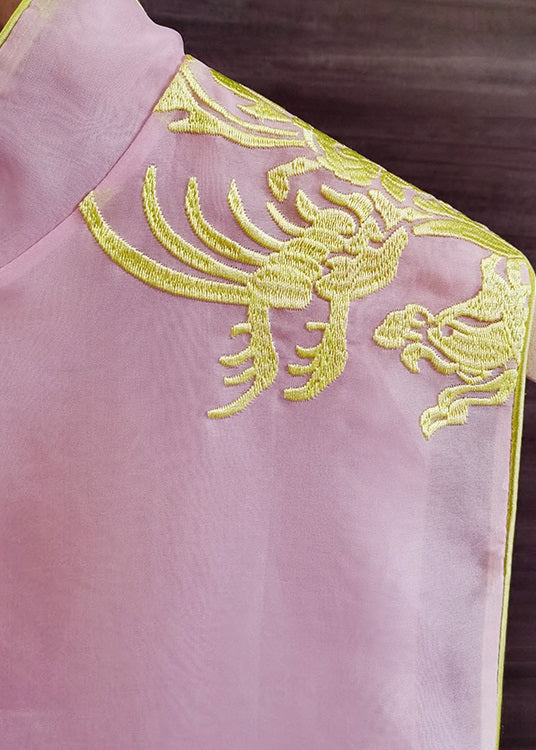 Pink Stand Collar Embroideried Patchwork Silk Vest Sleeveless