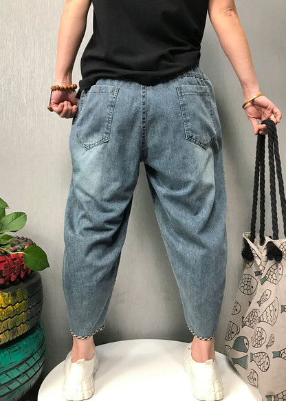 Blue Plaid Patchwork Denim Pants Spring