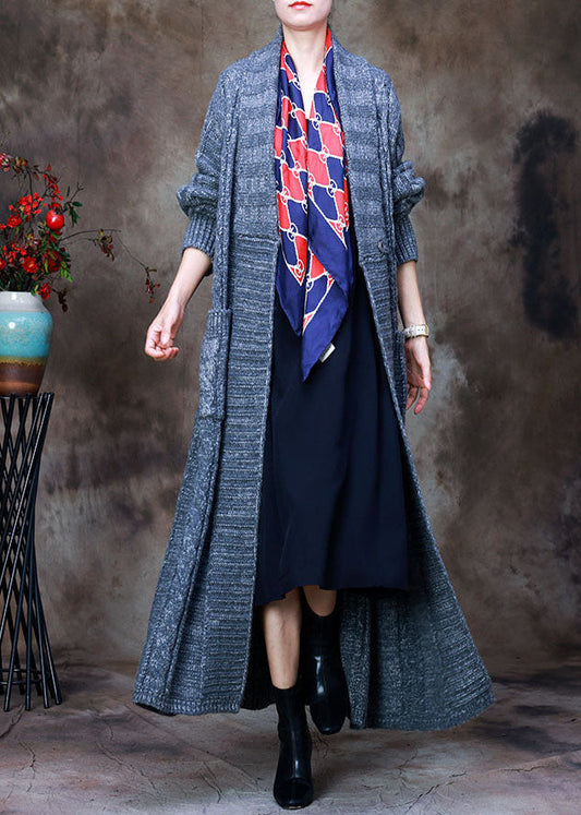 Loose Grey V Neck Woolen Knit Trench Coats Spring