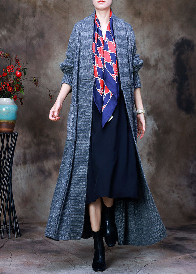 Loose Grey V Neck Woolen Knit Trench Coats Spring