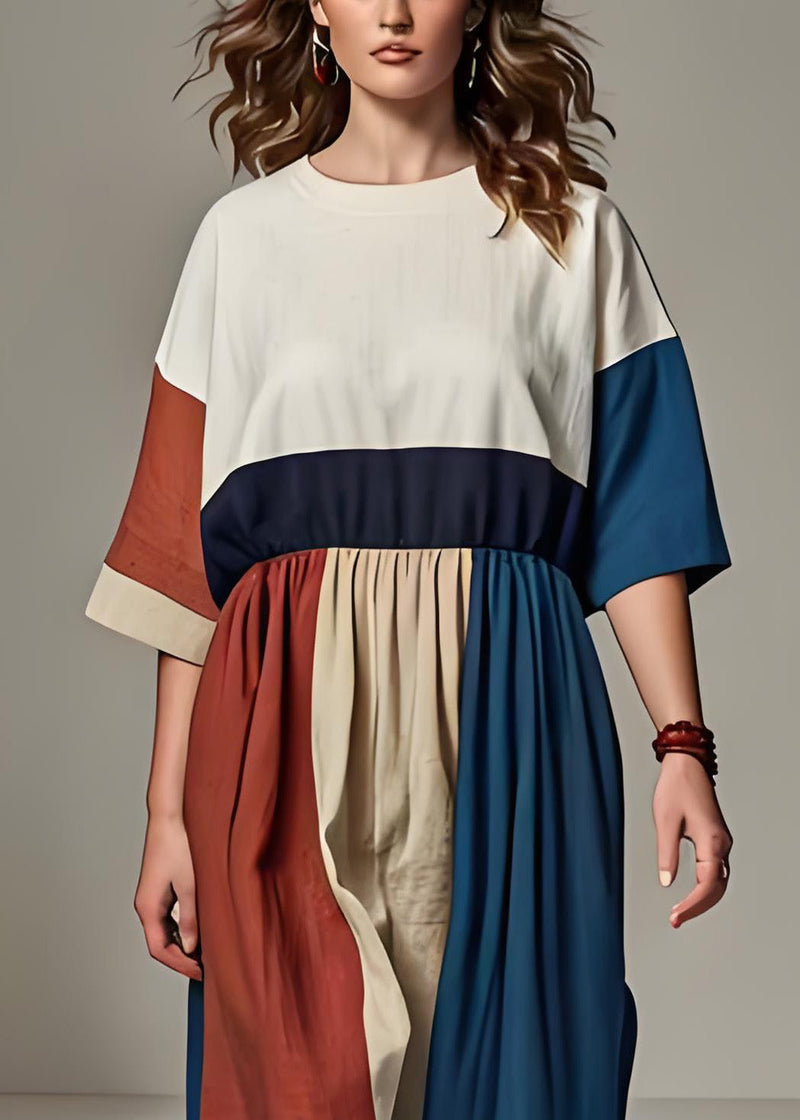Colorblock O Neck Wrinkled Patchwork Linen Dresses Summer