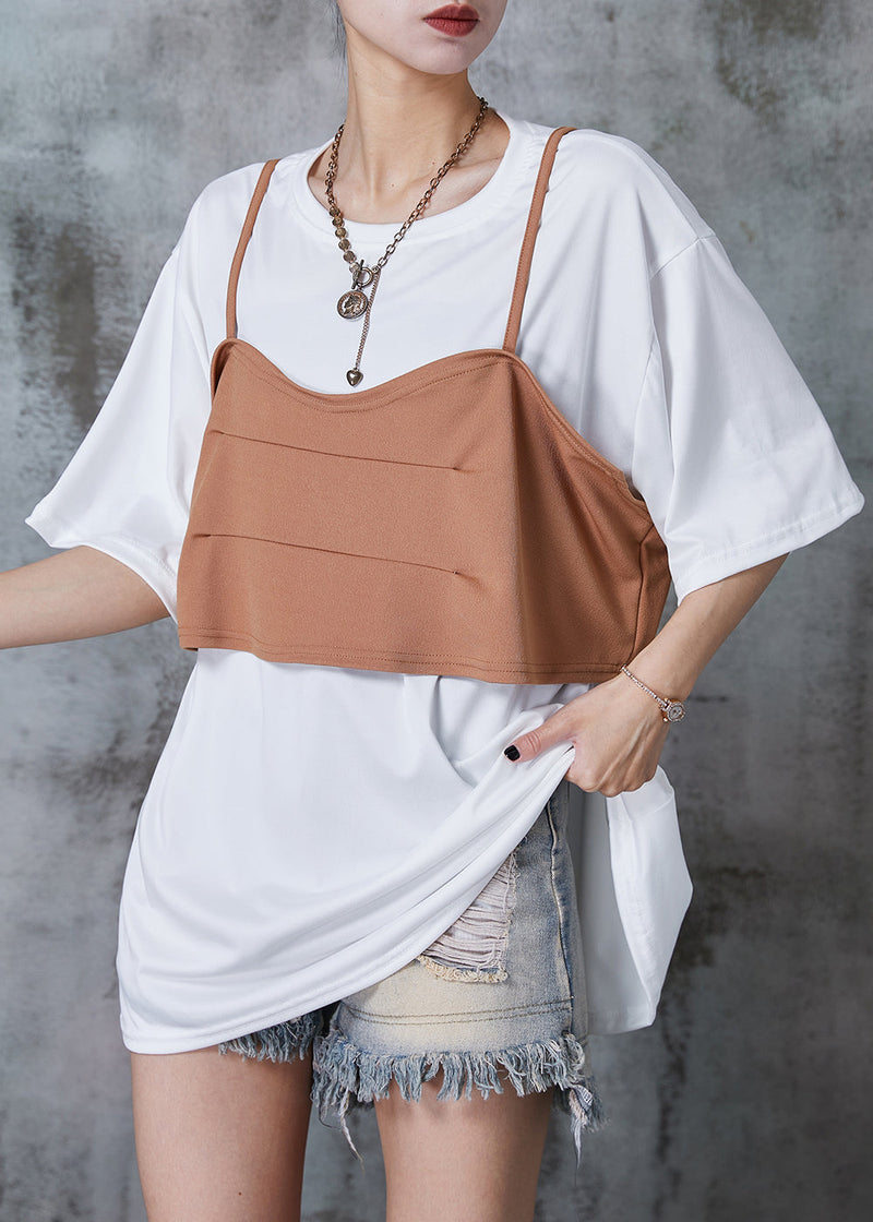 White Patchwork Cotton Fake Two Piece Tank Oversized Summer