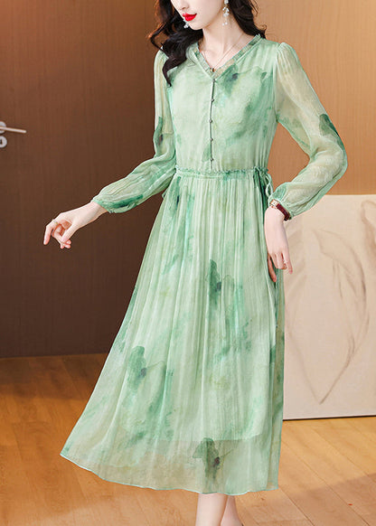 Green Ruffled Print Lace Up Chiffon Dress Summer