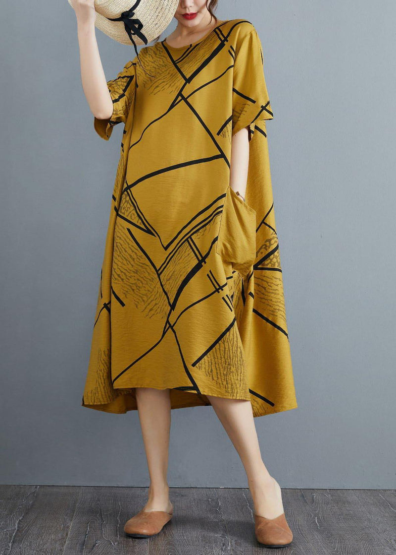 Yellow Print Pockets Cotton Linen Long Summer Dress