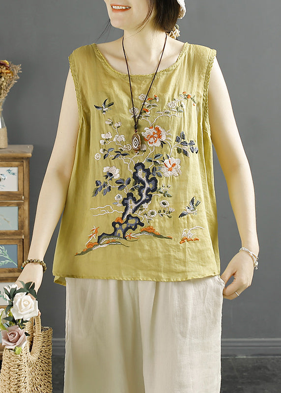 Handmade White O-neck Bird Embroideried Linen Tank Sleeveless