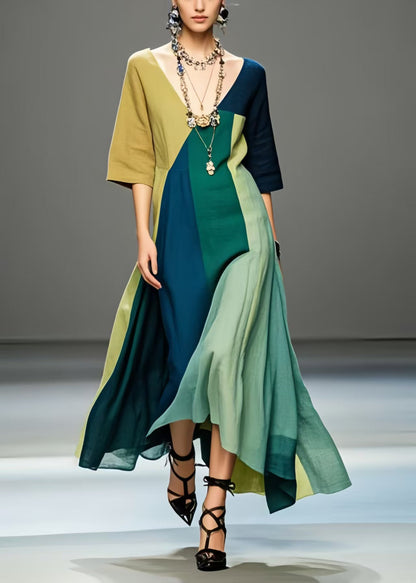 Multicolour V Neck Exra Large Hem Cotton Long Dress Summer