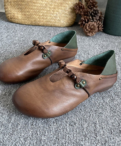 Khaki Genuine Leather Splicing Cross Strap Flat Shoes