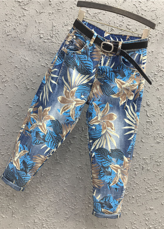 Blue Print High Waist Sashes Harem Pants