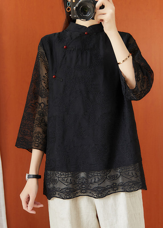 Black Stand Collar Embroideried Hollow Out Tops Half Sleeve