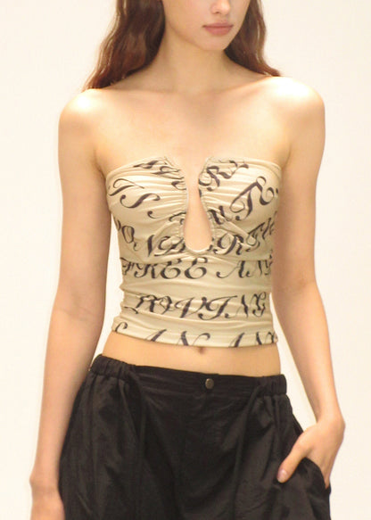 Khaki Print Hollow Out Cotton Strapless Top Summer