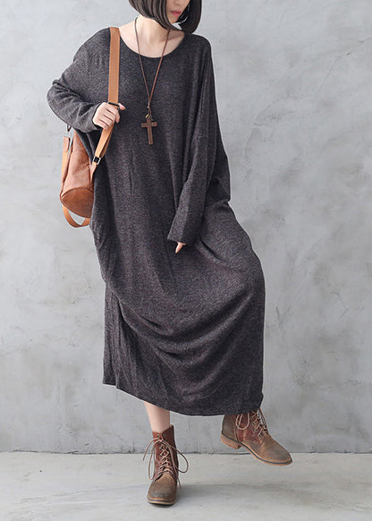 Dark Grey O-neck Asymmetrical Wool Knit Maxi Sweater Dress Fall