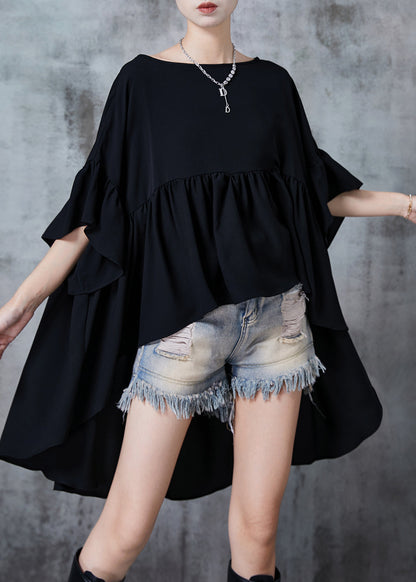 Black Oversized Low High Design Chiffon Tops Summer