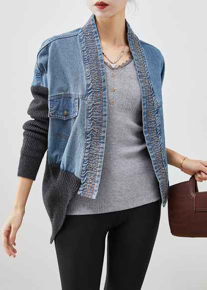 Blue Oversized Patchwork Knit Denim Loose Coat Fall