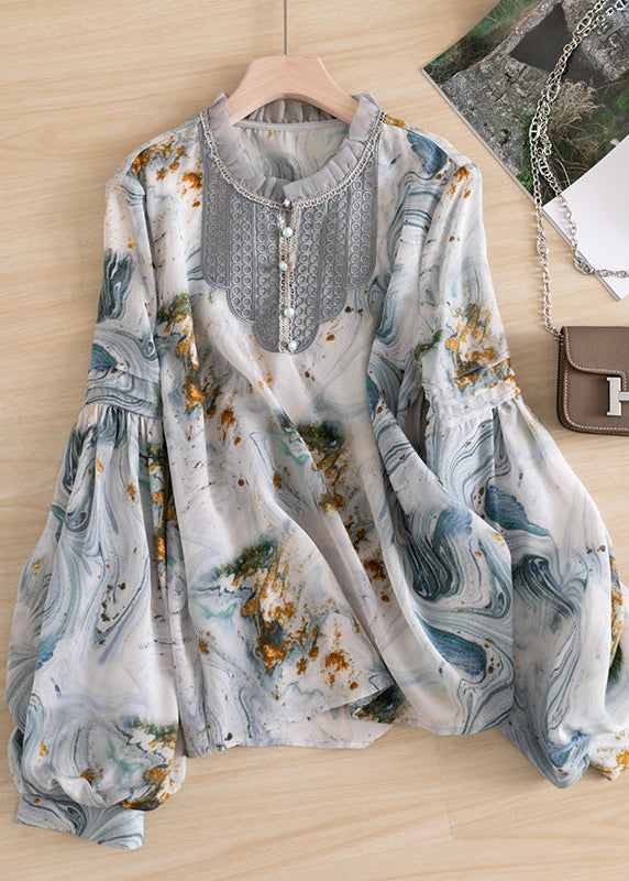 Italian Colorblock Button Stand Collar Ruffled Patchwork Tops Lantern Sleeve