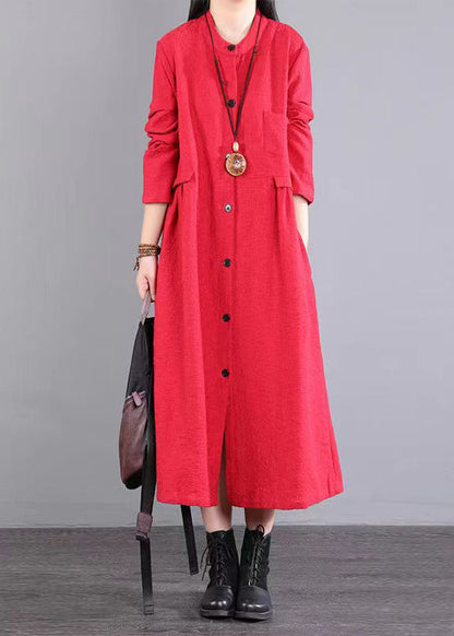 Red Stand Collar Pockets Patchwork Cotton Long Dresses Fall