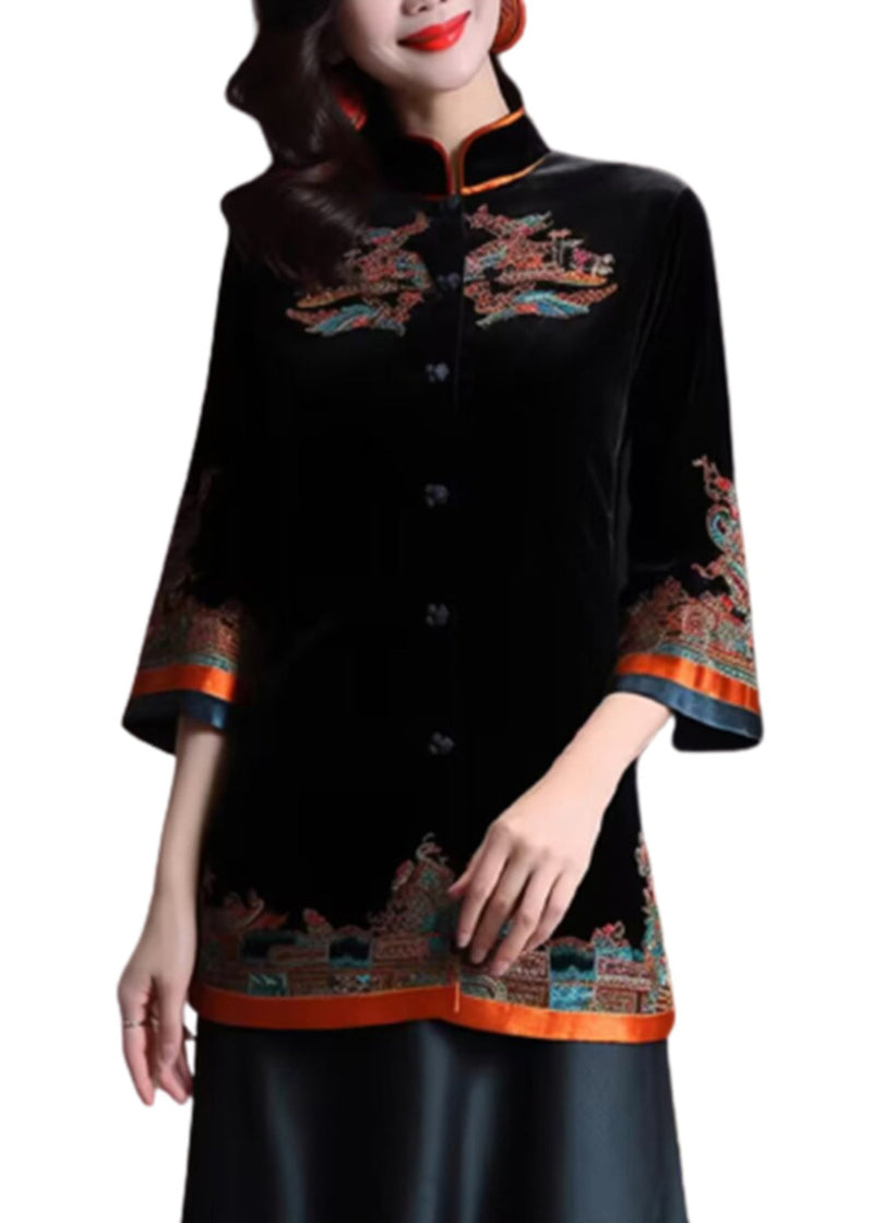 Black Stand Collar Embroideried Button Silk Velour Coats Fall