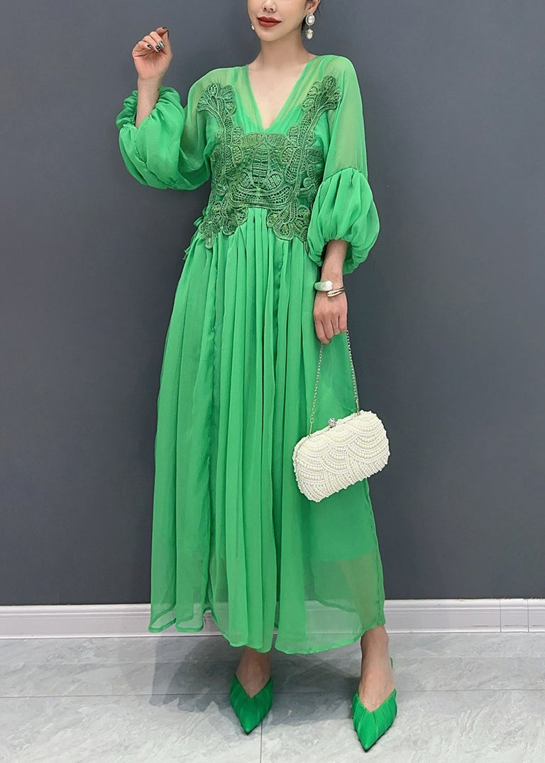 Stylish Green V Neck Embroidered Chiffon Long Dress Fall