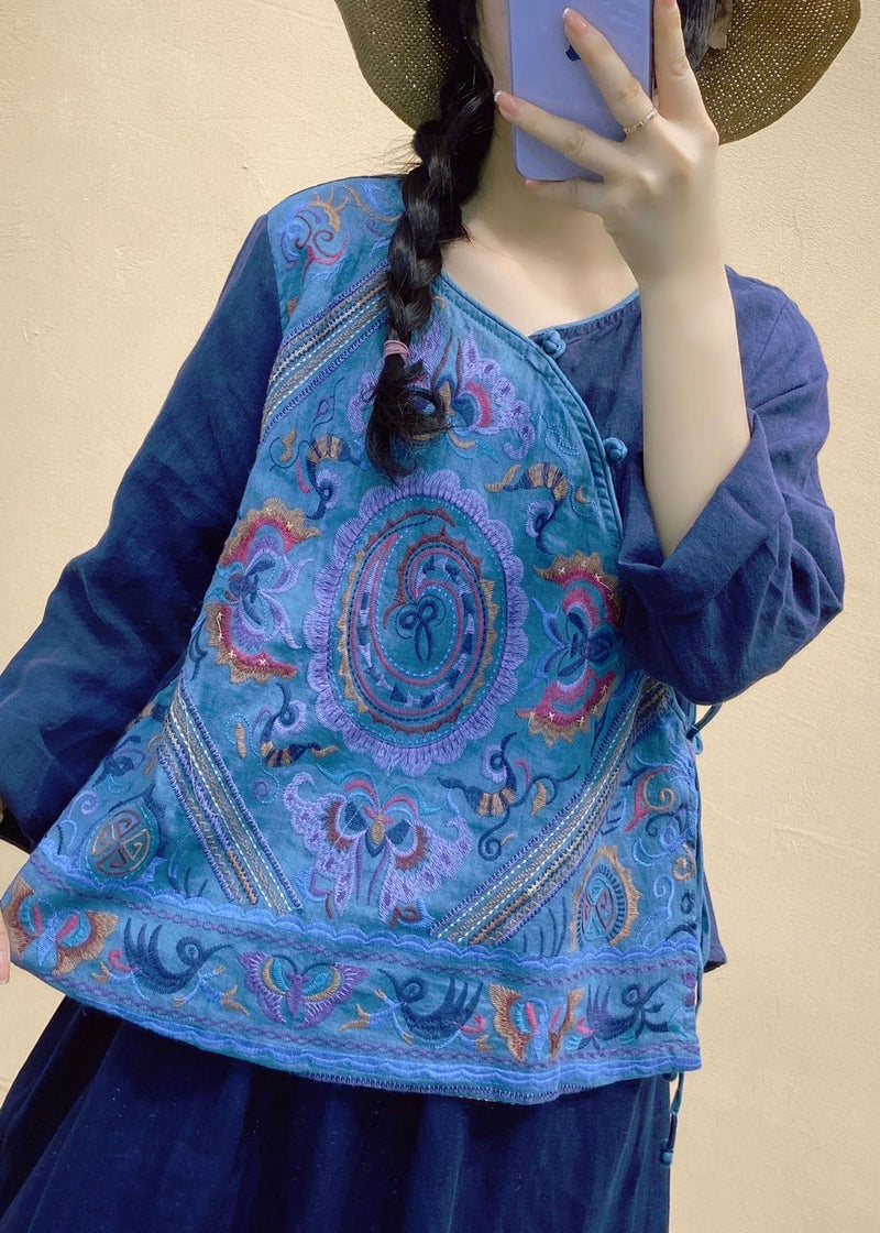 Blue V Neck Patchwork Linen Tops Long Sleeve