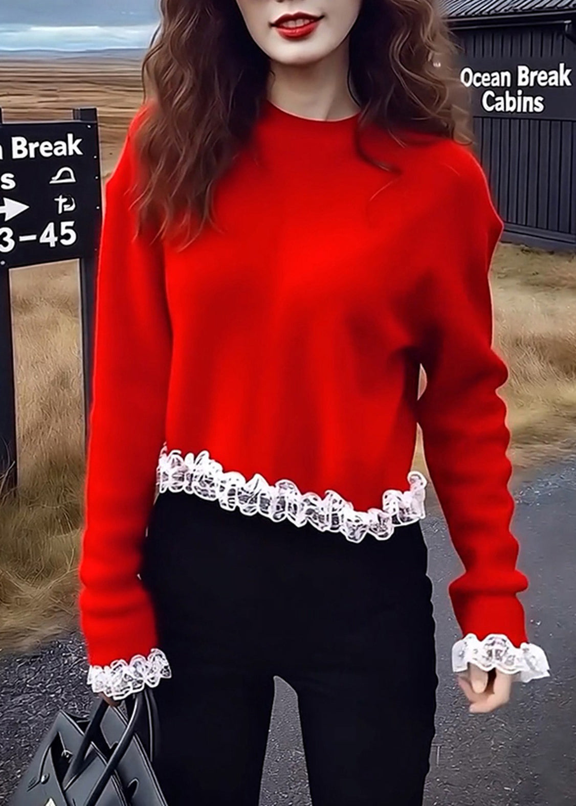 Red Oversized Patchwork Lace Sweaters Spring